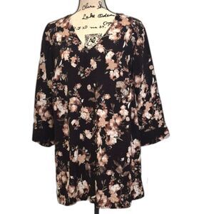 J. Jill Black Blouse Tunic Top XL Floral Dusty Rose Print 3/4 Sleeve V Neck